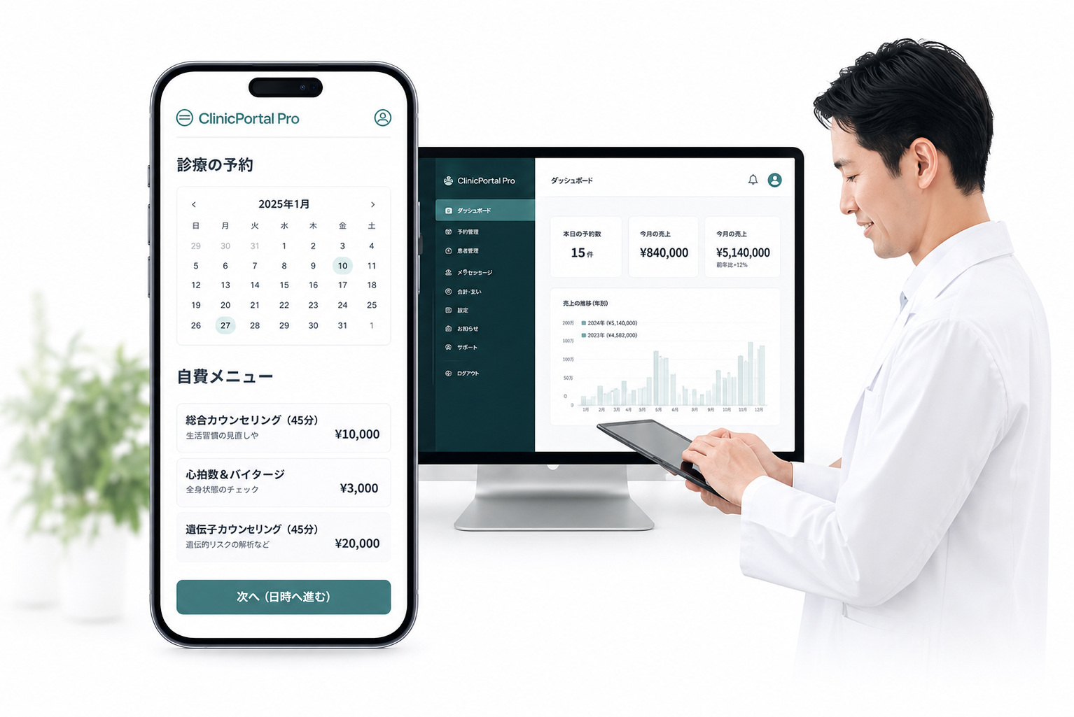 スマホ・PC画面・医師の画像